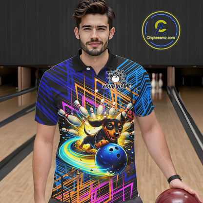 Multicolor Funny Dachshund Bowling Shirt Custom Bowling Team Jersey for Men Polo & Quarter-Zip Bowling Outfit QZT941