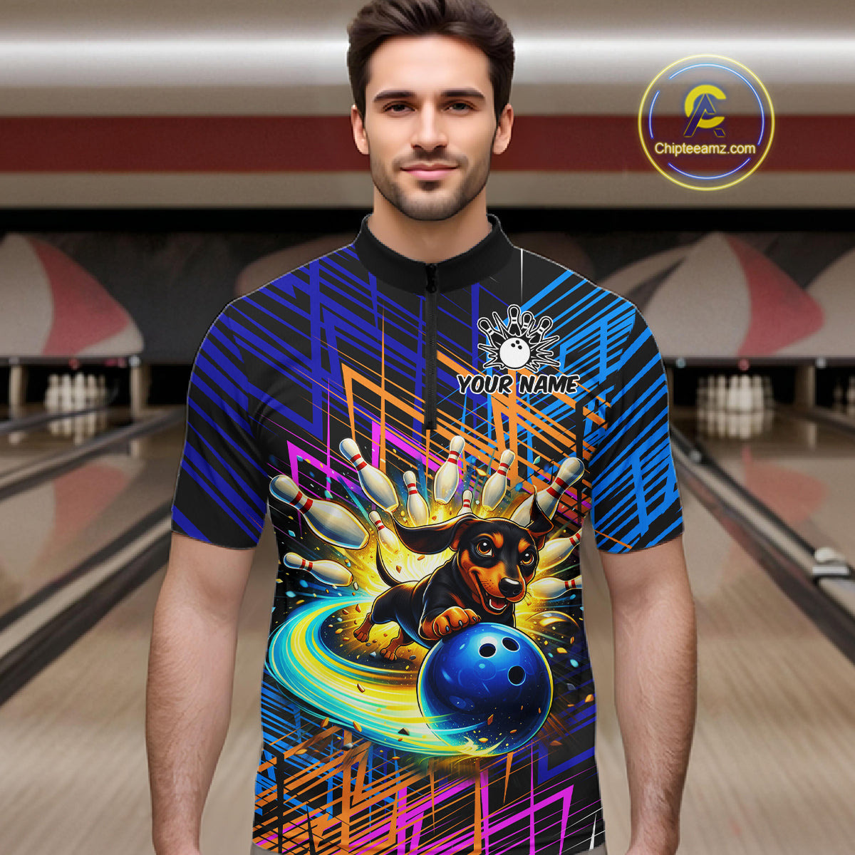 Multicolor Funny Dachshund Bowling Shirt Custom Bowling Team Jersey for Men Polo & Quarter-Zip Bowling Outfit QZT941