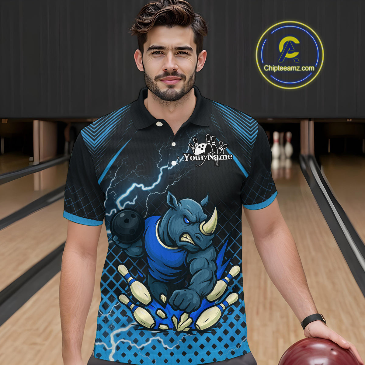 Custom Funny Blue Rhino Bowling Team Shirt for Men Bowling Jersey Polo, Quarter-Zip Outfit QZT805