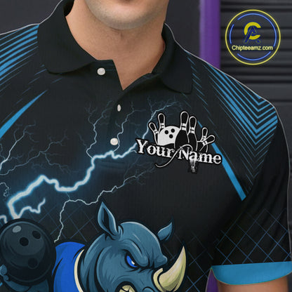 Custom Funny Blue Rhino Bowling Team Shirt for Men Bowling Jersey Polo, Quarter-Zip Outfit QZT805