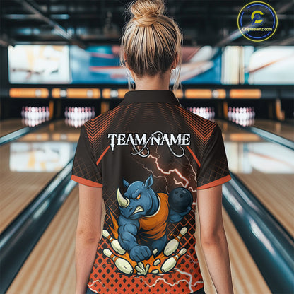 Custom Funny Orange Rhino Bowling Team Shirt for Women Bowling Jersey Polo, Quarter-Zip Outfit QZT805
