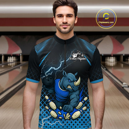 Custom Funny Blue Rhino Bowling Team Shirt for Men Bowling Jersey Polo, Quarter-Zip Outfit QZT805