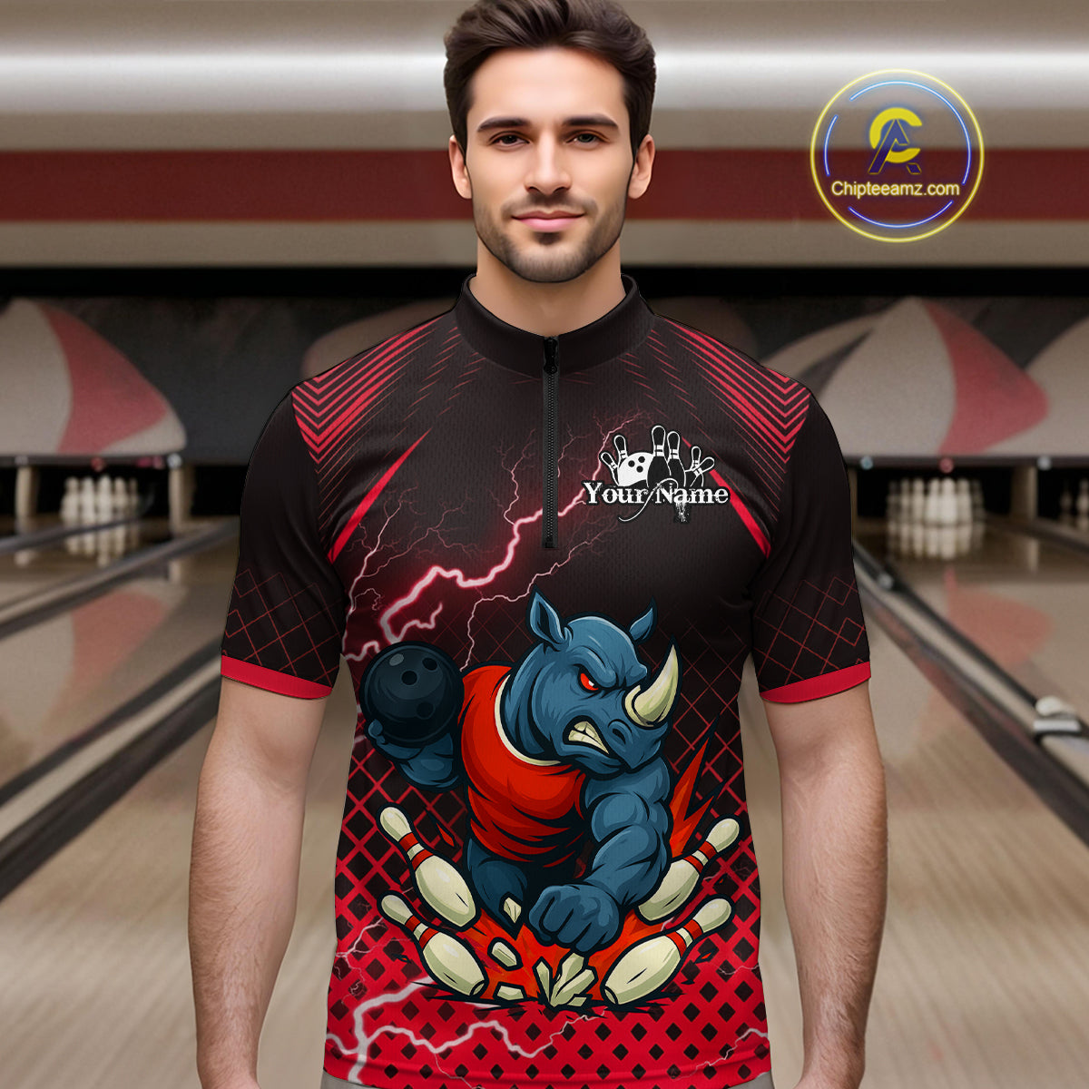 Custom Funny Red Rhino Bowling Team Shirt for Men Bowling Jersey Polo, Quarter-Zip Outfit QZT805