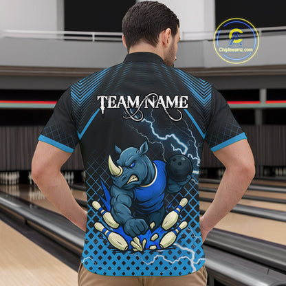 Custom Funny Blue Rhino Bowling Team Shirt for Men Bowling Jersey Polo, Quarter-Zip Outfit QZT805