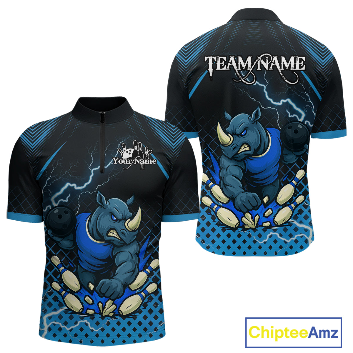 Custom Funny Blue Rhino Bowling Team Shirt for Men Bowling Jersey Polo, Quarter-Zip Outfit QZT805