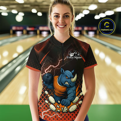 Custom Funny Orange Rhino Bowling Team Shirt for Women Bowling Jersey Polo, Quarter-Zip Outfit QZT805