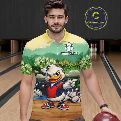 Man wearing a bowling-themed shirt with a cartoon character in a bowling alley.
