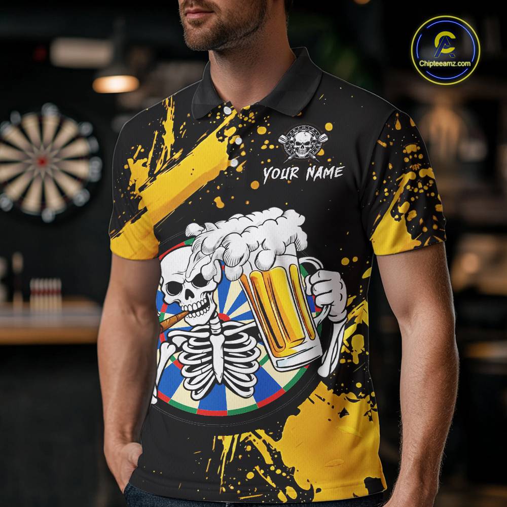 Custom Yellow Skeleton Dart Jersey for Team Polo & 1/4 Zip Beer Dartboard Shirts Dart Jerseys Gift for Men DHT3