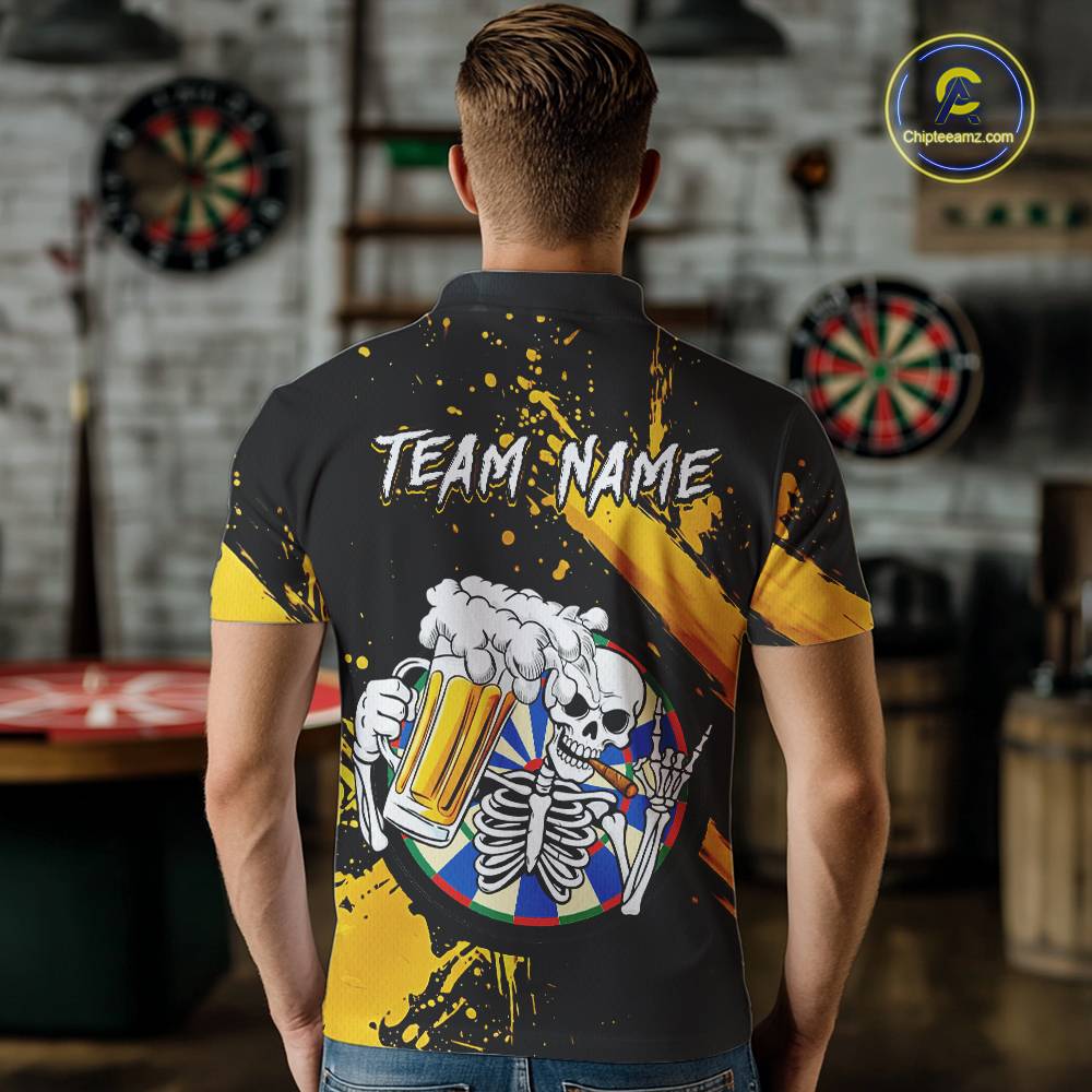 Custom Yellow Skeleton Dart Jersey for Team Polo & 1/4 Zip Beer Dartboard Shirts Dart Jerseys Gift for Men DHT3