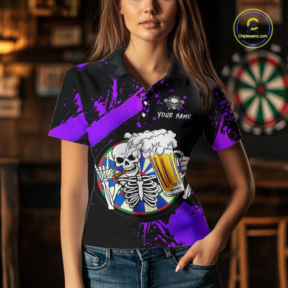 Custom Purple Skeleton Dart Jersey for Team Polo & 1/4 Zip Beer Dartboard Shirts Dart Jerseys Gift for Women DHT3