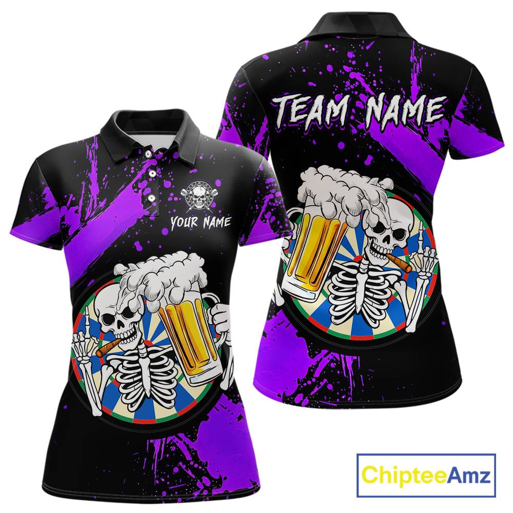 Custom Purple Skeleton Dart Jersey for Team Polo & 1/4 Zip Beer Dartboard Shirts Dart Jerseys Gift for Women DHT3