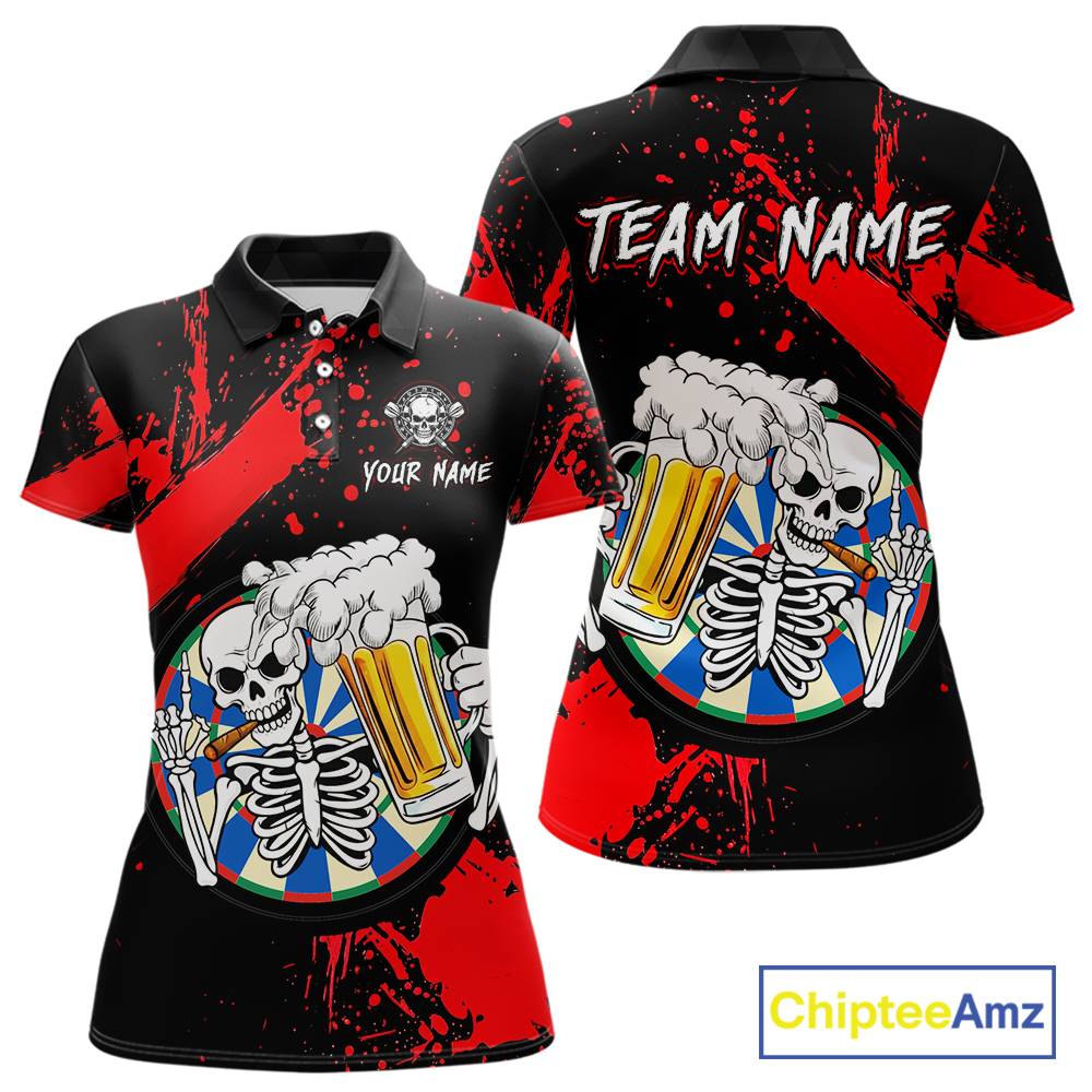 Custom Red Skeleton Dart Jersey for Team Polo & 1/4 Zip Beer Dartboard Shirts Dart Jerseys Gift for Women DHT3
