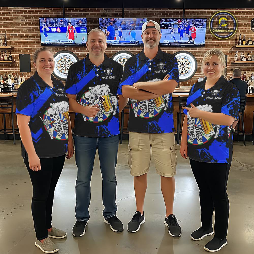 Custom Blue Skeleton Dart Jersey for Team Polo & 1/4 Zip Beer Dartboard Shirts Dart Jerseys Gift for Men DHT3