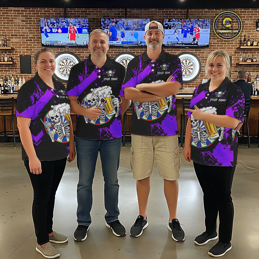 Custom Purple Skeleton Dart Jersey for Team Polo & 1/4 Zip Beer Dartboard Shirts Dart Jerseys Gift for Men DHT3