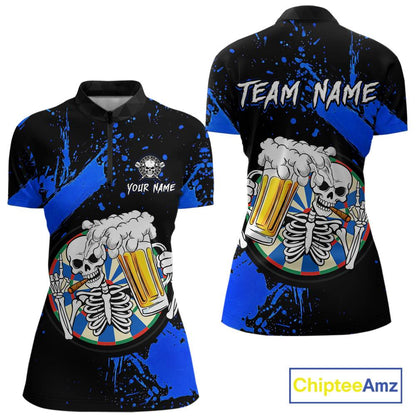 Custom Blue Skeleton Dart Jersey for Team Polo & 1/4 Zip Beer Dartboard Shirts Dart Jerseys Gift for Women DHT3