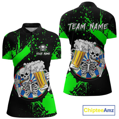 Custom Green Skeleton Dart Jersey for Team Polo & 1/4 Zip Beer Dartboard Shirts Dart Jerseys Gift for Women DHT3