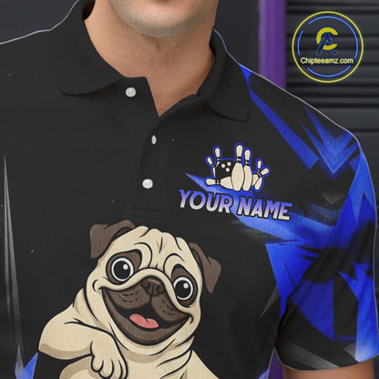 Custom Blue Funny Pug Dog Bowling League Shirt for Men Polo & 1/4-Zip Bowling Jersey for Team QZT906