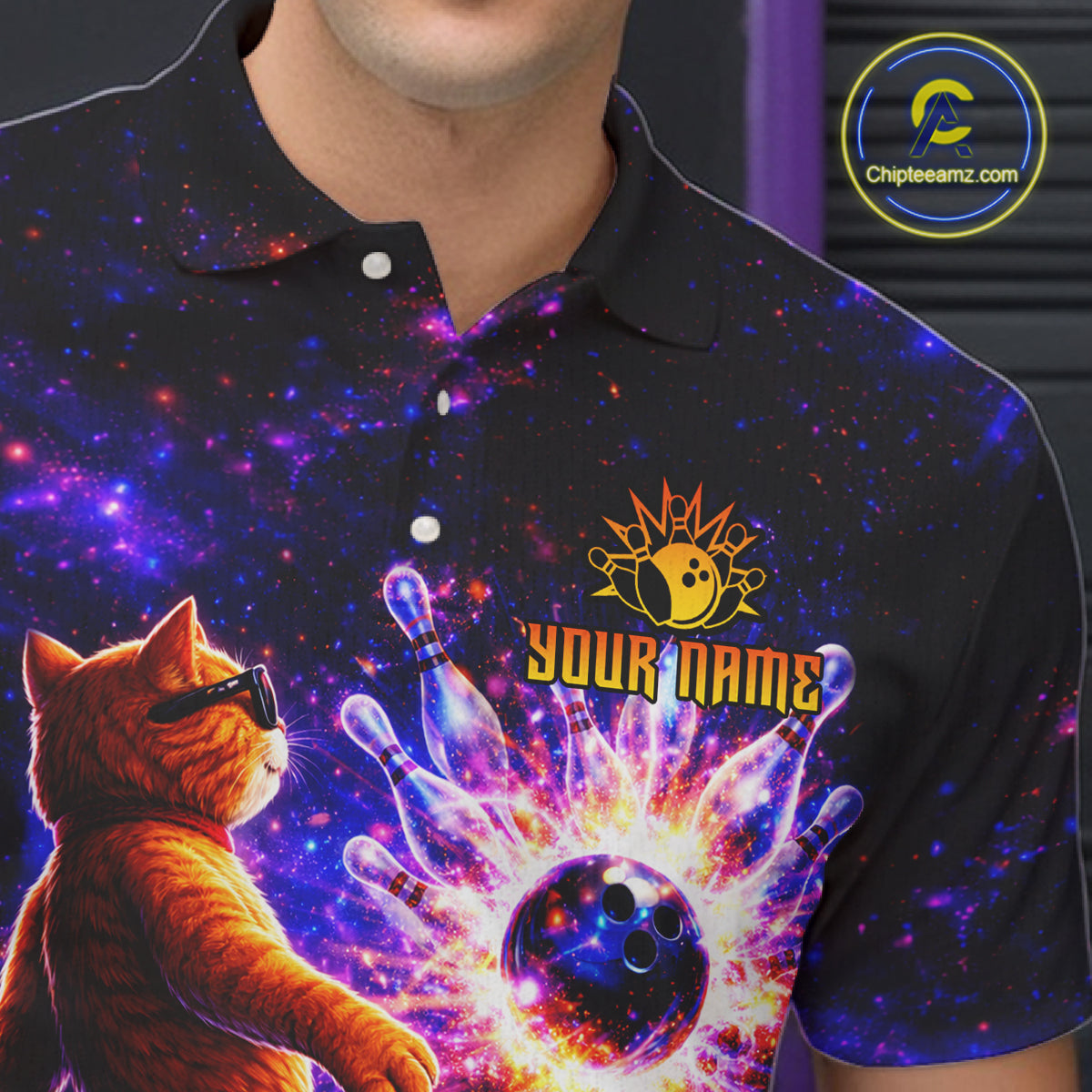 Galaxy Funny Cat Bowling Shirt for Men Custom Bowling League Jersey Polo & Quarter-Zip Bowler Gift QZT918