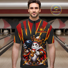 Load image into Gallery viewer, Man wearing a bowling-themed shirt with graphics and text in a bowling alley.