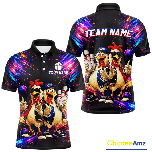 Custom Neon Funny Chicken Bowling Team Jersey for Men Bowling Shirt Bowling Tournament Polo & 1/4-Zip QZT956