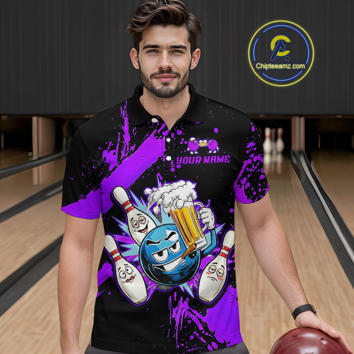 Custom Purple Funny Beer Bowling Shirt for Men Bowling League Jersey Polo 1/4 Zip Bowling Outfit QZT822