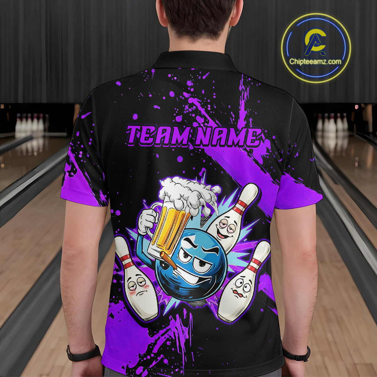 Custom Purple Funny Beer Bowling Shirt for Men Bowling League Jersey Polo 1/4 Zip Bowling Outfit QZT822