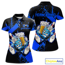 Load image into Gallery viewer, Custom Blue Funny Beer Bowling Shirt for Women Bowling League Jersey Polo 1/4 Zip Bowling Outfit QZT822