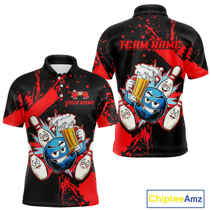 Custom Red Funny Beer Bowling Shirt for Men Bowling League Jersey Polo 1/4 Zip Bowling Outfit QZT822