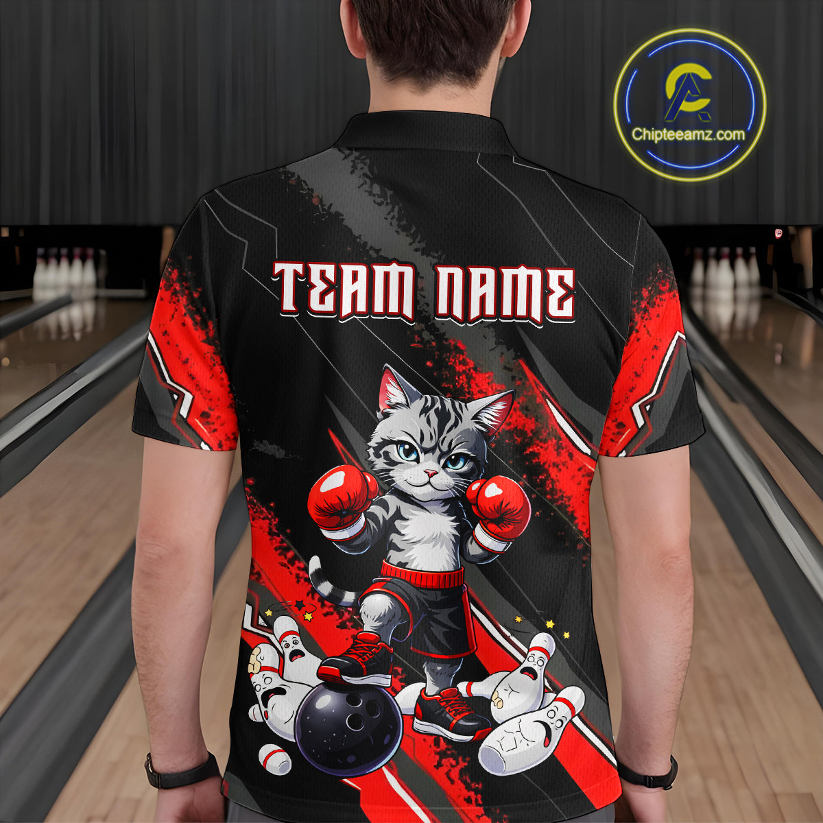 Funny Red Cat Boxing Bowling Team Jersey Personalized Polo & 1/4 Zip Shirt for Men Bowling League QZT825