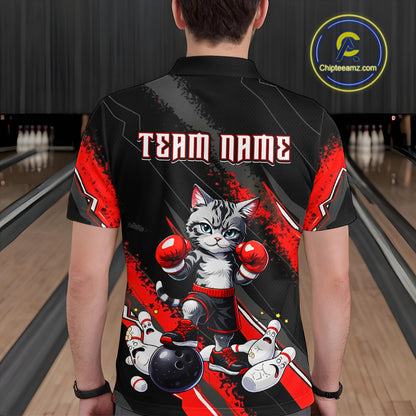 Funny Red Cat Boxing Bowling Team Jersey Personalized Polo & 1/4 Zip Shirt for Men Bowling League QZT825
