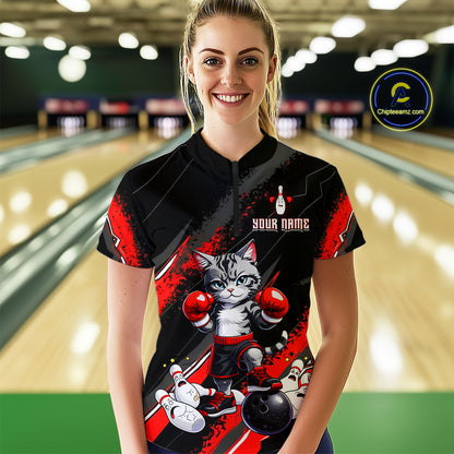 Funny Red Cat Bowling Team Jersey Personalized Polo & 1/4 Zip Shirt for Women Bowling League QZT825