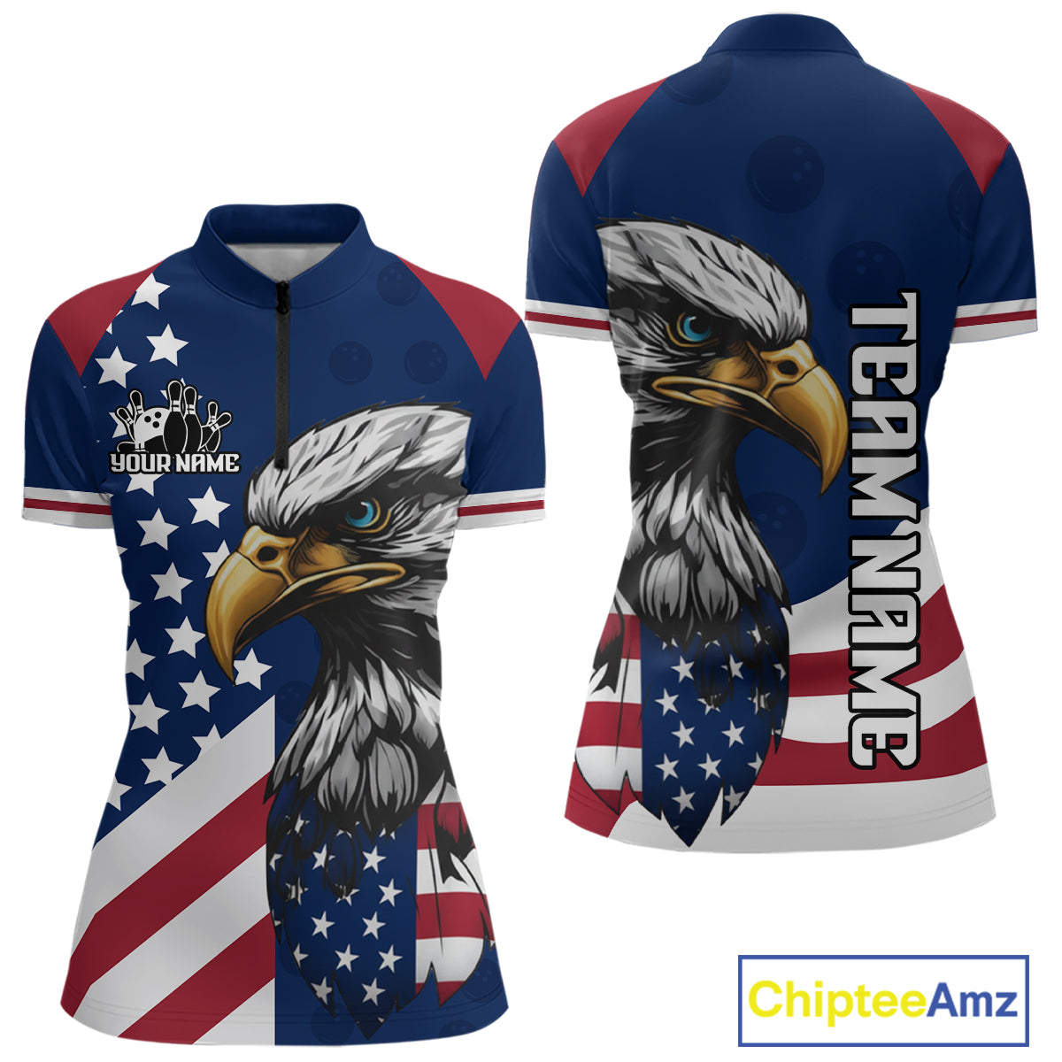 Custom US Flag Eagle Bowling Team Shirt for Women Bowling League Jersey Polo & Quarter-Zip QZT816