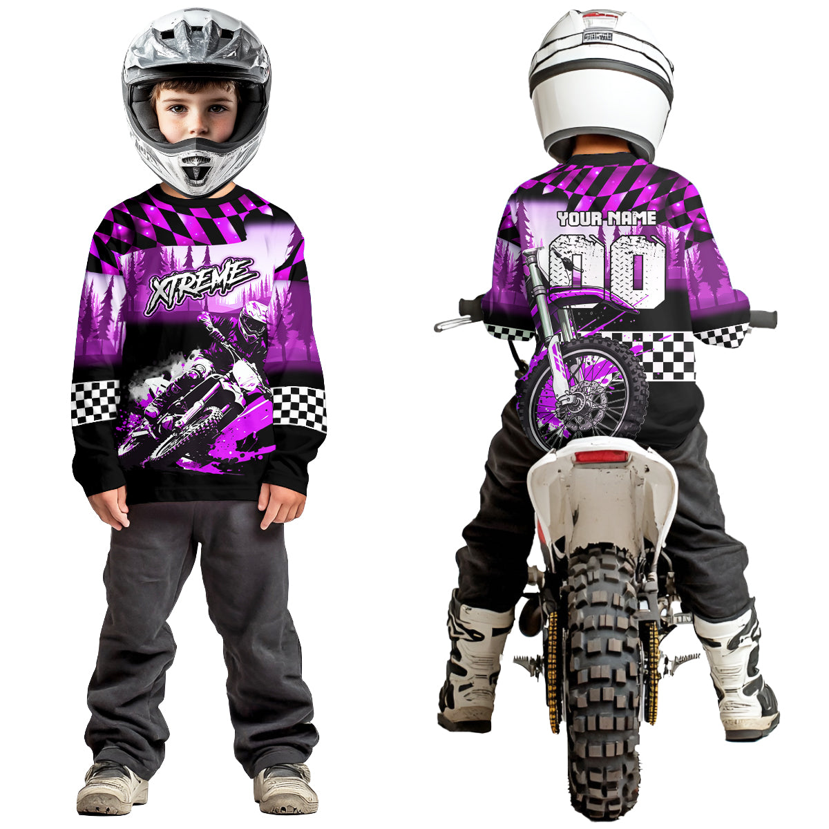 Personalized Purple Motocross Jersey for Adult Kids Extreme Racing Shirt UPF30+ Dirt Bike Clothes MHT125