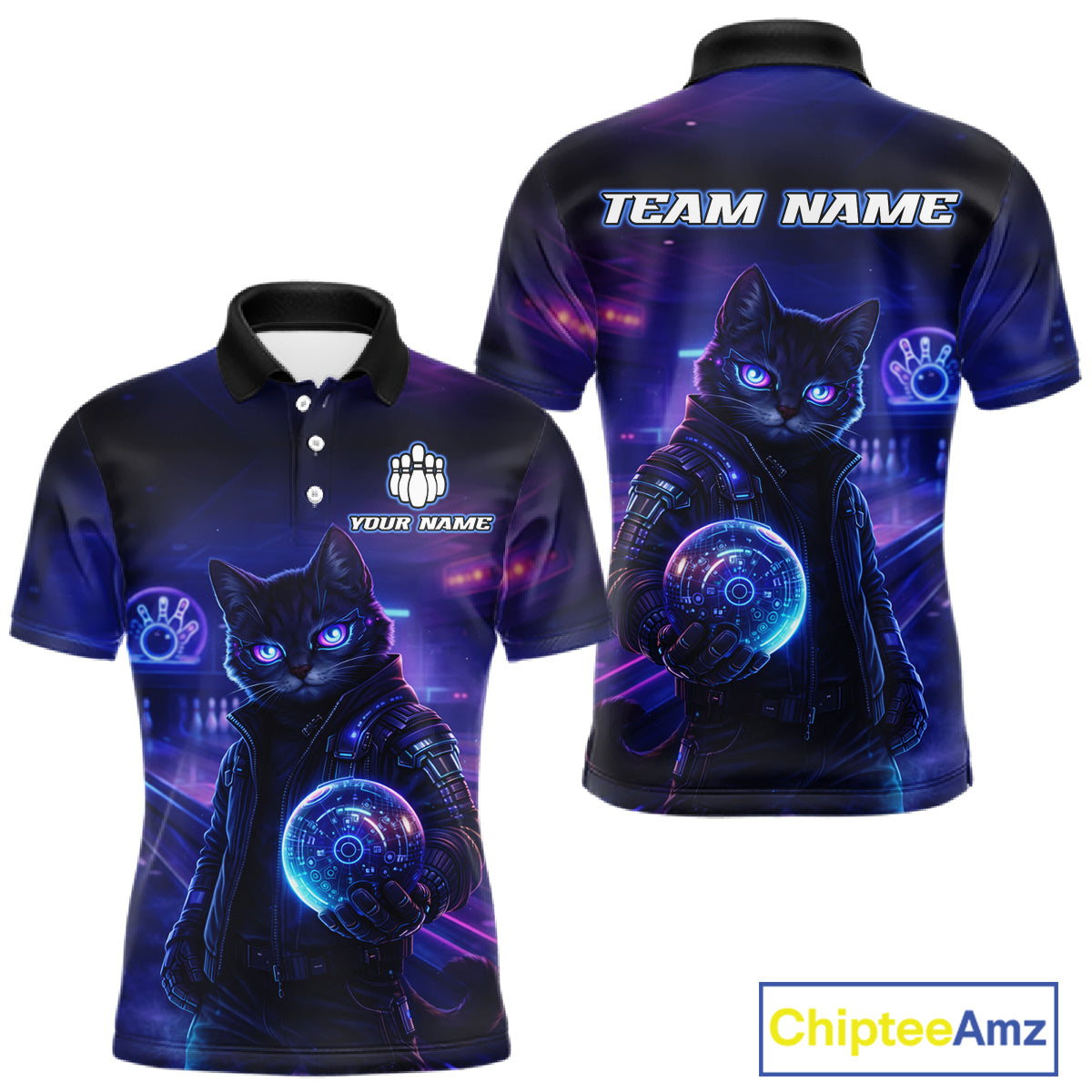 Personalized Neon Cat Bowling Shirt for Men Bowling Team Polo & Quarter-Zip Bowling Outfit QZT884