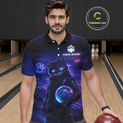 Personalized Neon Cat Bowling Shirt for Men Bowling Team Polo & Quarter-Zip Bowling Outfit QZT884