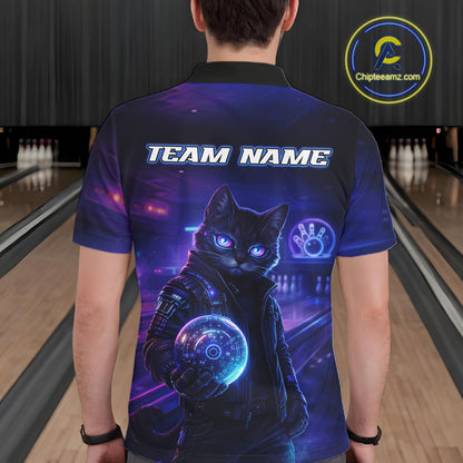 Personalized Neon Cat Bowling Shirt for Men Bowling Team Polo & Quarter-Zip Bowling Outfit QZT884