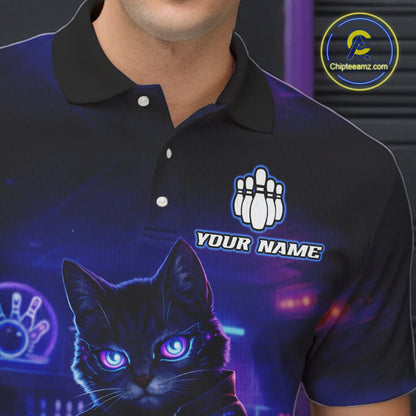 Personalized Neon Cat Bowling Shirt for Men Bowling Team Polo & Quarter-Zip Bowling Outfit QZT884