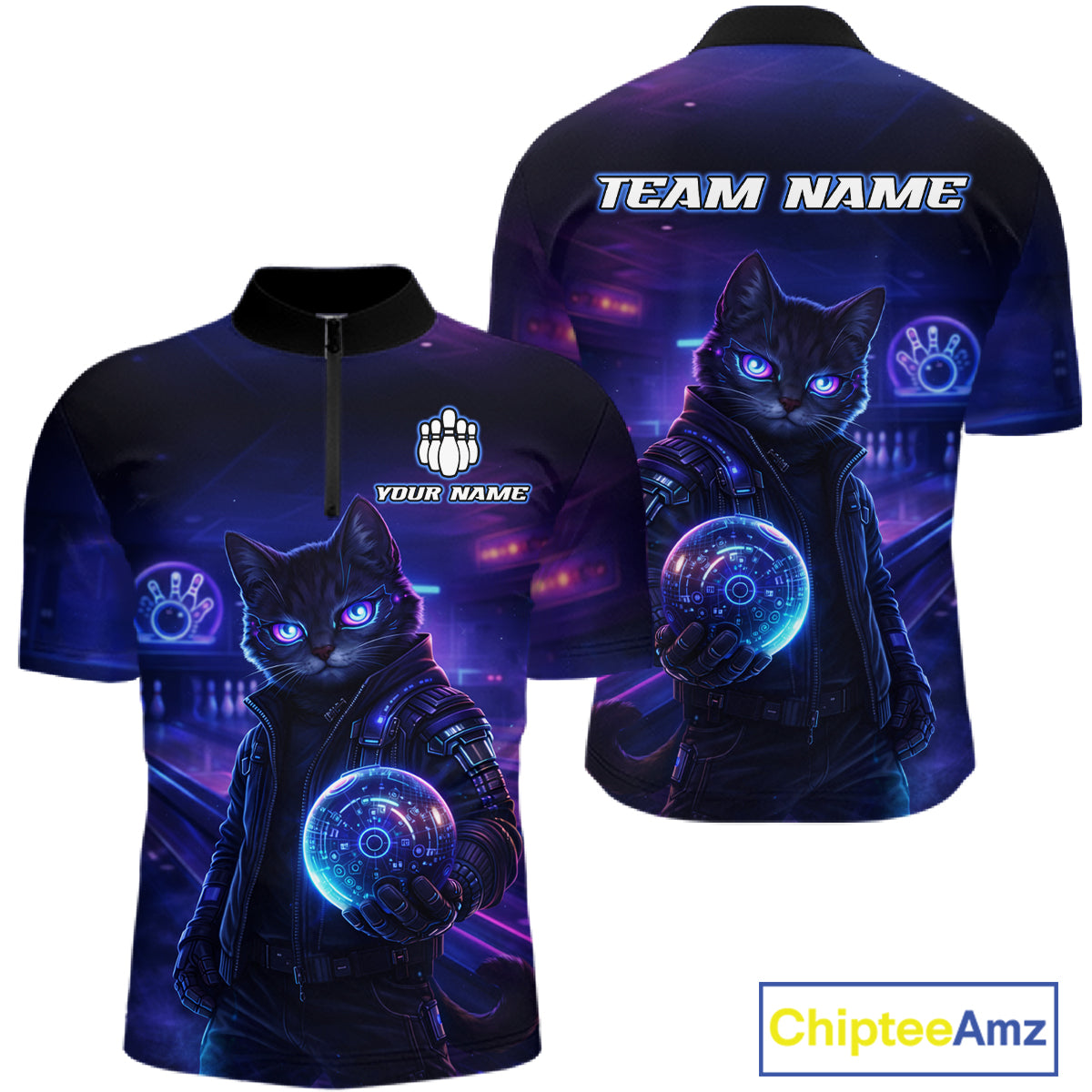Personalized Neon Cat Bowling Shirt for Men Bowling Team Polo & Quarter-Zip Bowling Outfit QZT884