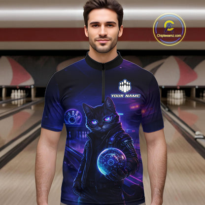 Personalized Neon Cat Bowling Shirt for Men Bowling Team Polo & Quarter-Zip Bowling Outfit QZT884