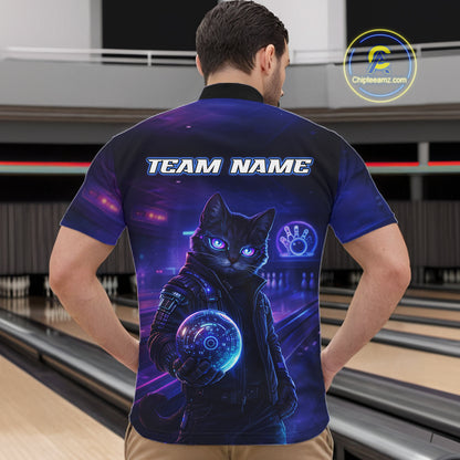 Personalized Neon Cat Bowling Shirt for Men Bowling Team Polo & Quarter-Zip Bowling Outfit QZT884
