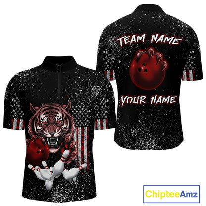 Custom American Flag Bowling Shirt Tiger Bowling Jersey League Polo & 1/4 Zip Bowling for Men QZT835