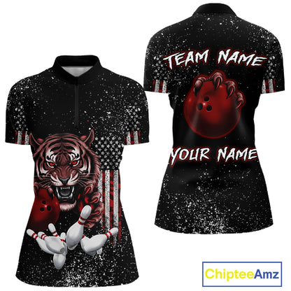 Custom American Flag Bowling Shirt Tiger Bowling Jersey League Polo & 1/4 Zip Bowling for Women QZT835