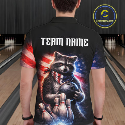Custom American Flag Raccoon Bowling Shirt Bowling Jersey for Men Patriotic Bowling Polo & 1/4-Zip QZT974