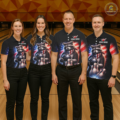 Custom American Flag Raccoon Bowling Shirt Bowling Jersey for Women Patriotic Bowling Polo & 1/4-Zip QZT974