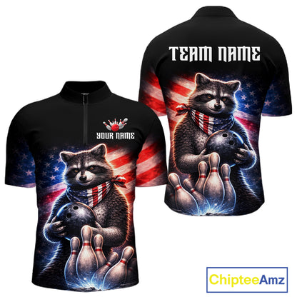 Custom American Flag Raccoon Bowling Shirt Bowling Jersey for Men Patriotic Bowling Polo & 1/4-Zip QZT974