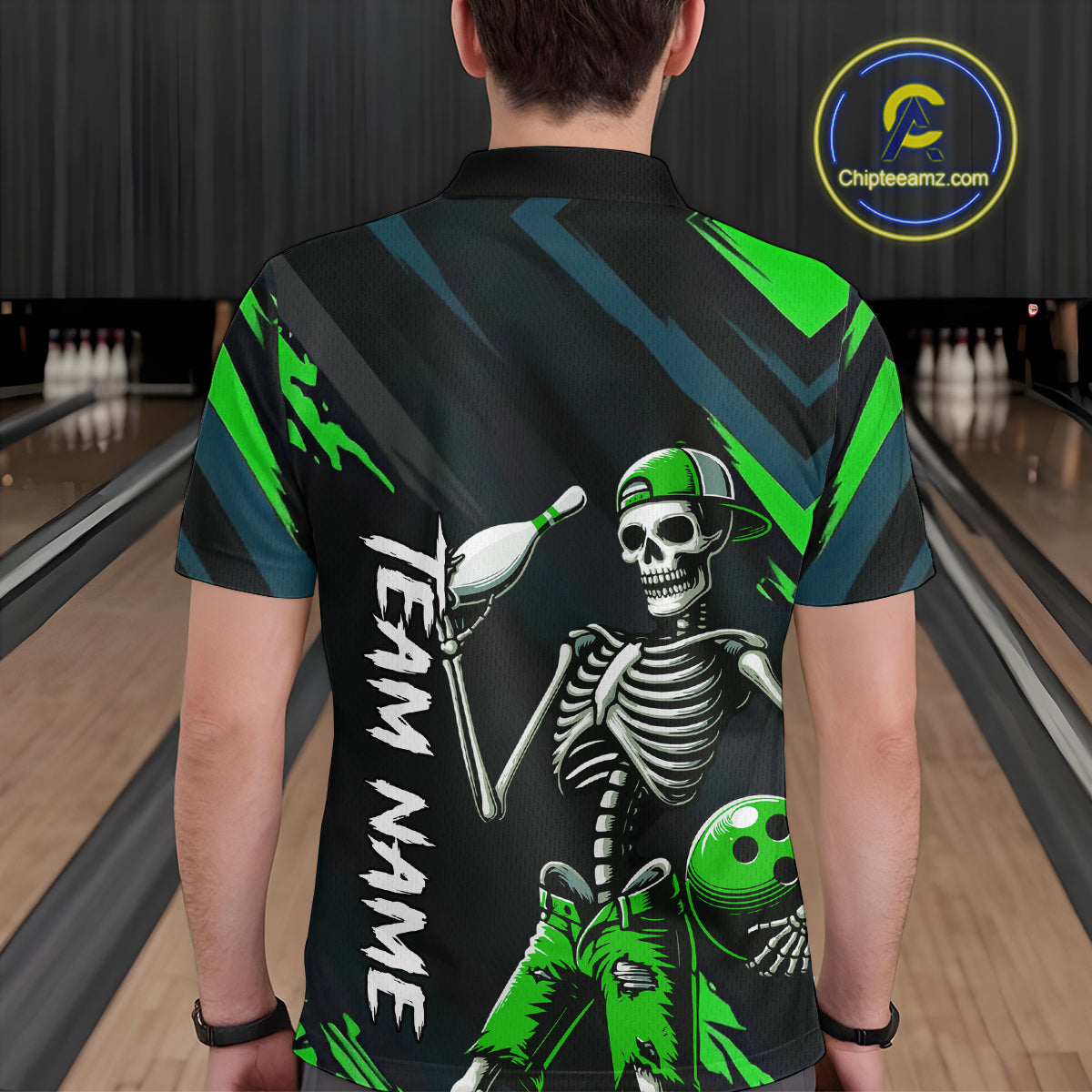 Custom Green Skull Bowling Team Shirt for Men Polo & 1/4 Zip Bowling League Jersey Bowling Unisex QZT794