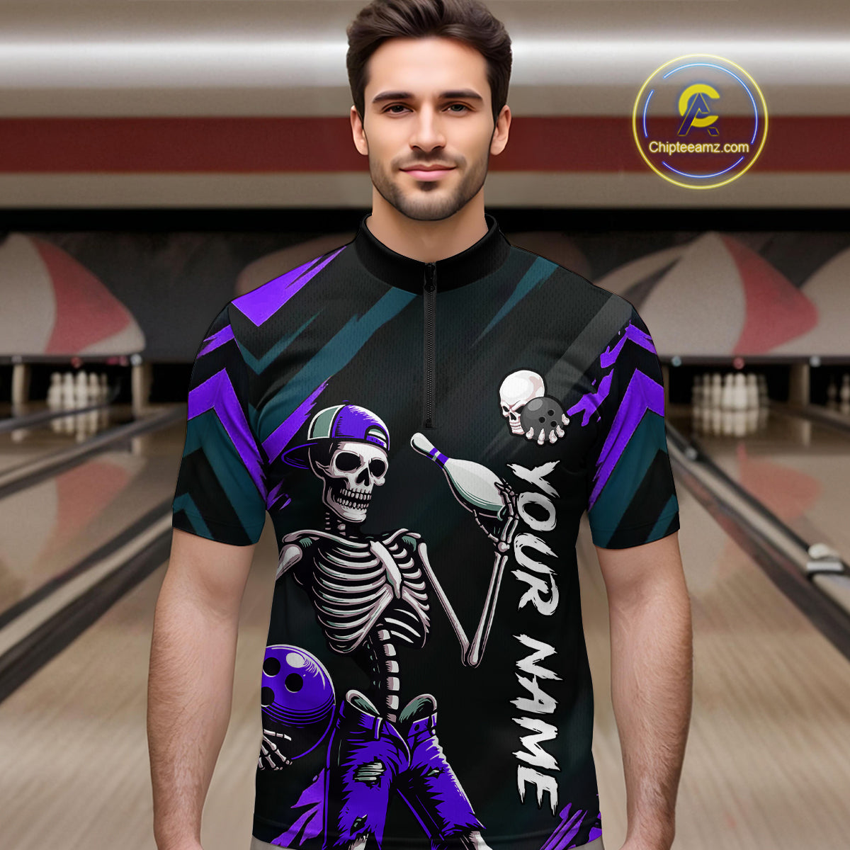 Custom Purple Skull Bowling Team Shirt for Men Polo & 1/4 Zip Bowling League Jersey Bowling Unisex QZT794