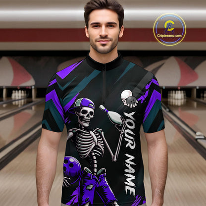 Custom Purple Skull Bowling Team Shirt for Men Polo & 1/4 Zip Bowling League Jersey Bowling Unisex QZT794