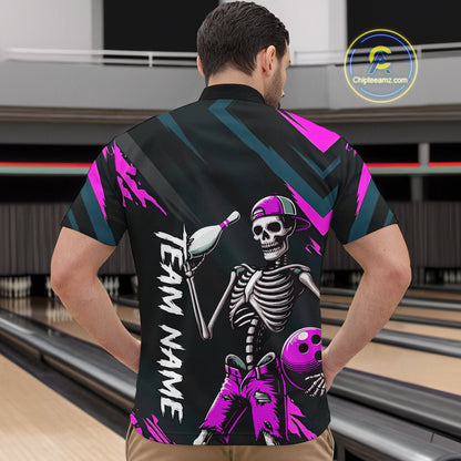 Custom Pink Skull Bowling Team Shirt for Men Polo & 1/4 Zip Bowling League Jersey Bowling Unisex QZT794