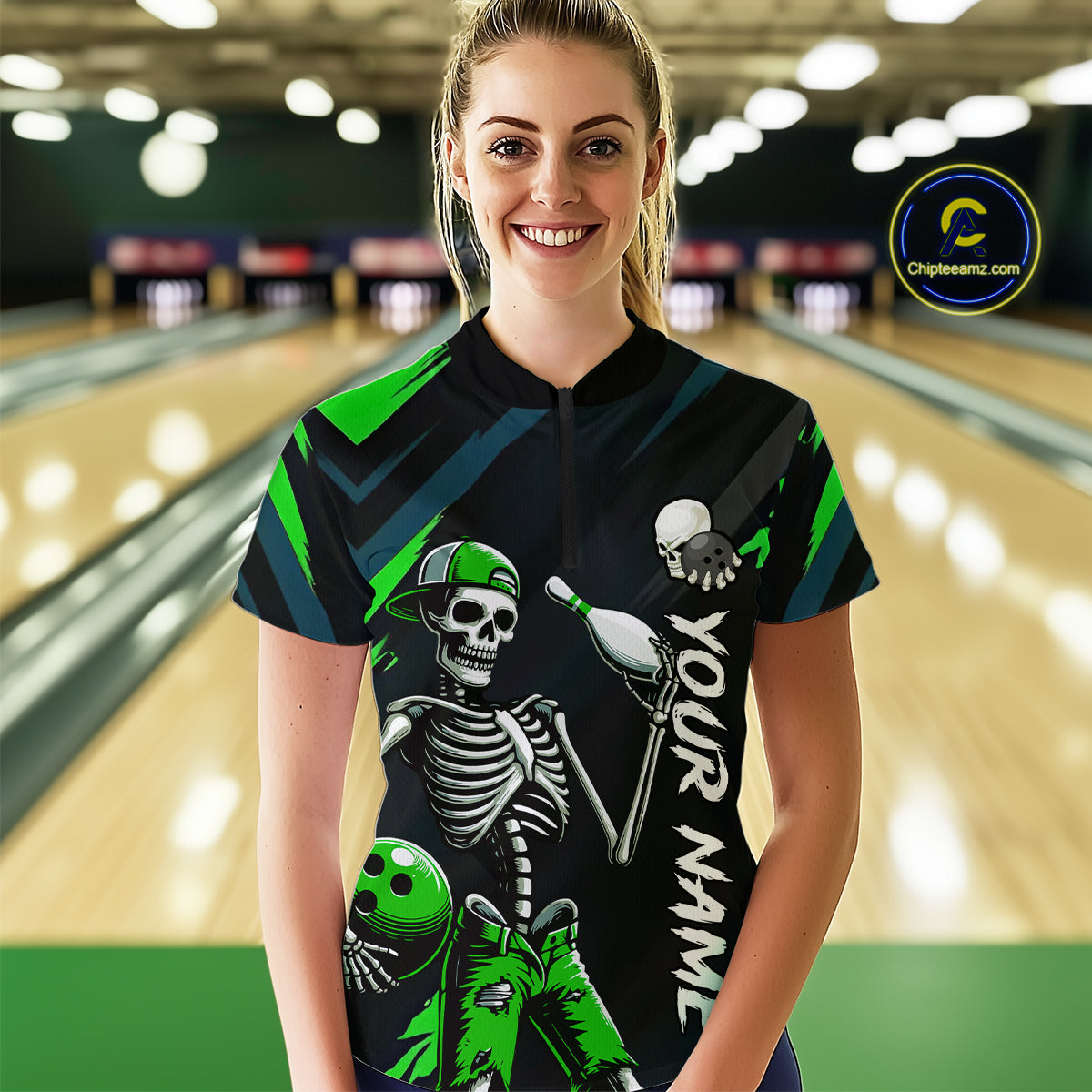 Custom Green Skull Bowling Team Shirt for Women Polo & 1/4 Zip Bowling League Jersey Bowling Gift QZT794